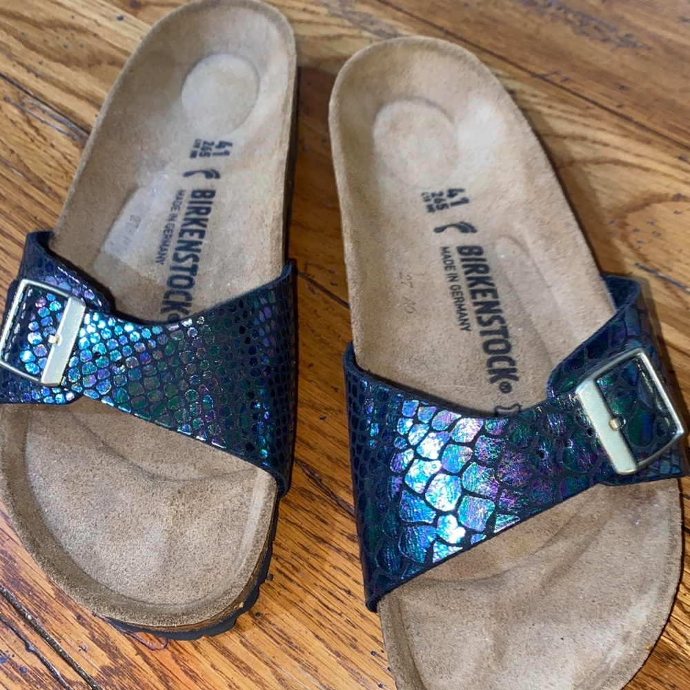 Birkenstock Madrid style with a fish scale print
